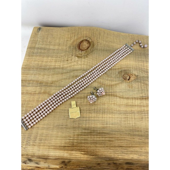 Vintage La Tausca Simulated 5 Strand Pearl Choker & Earrings Set - Picture 1 of 6